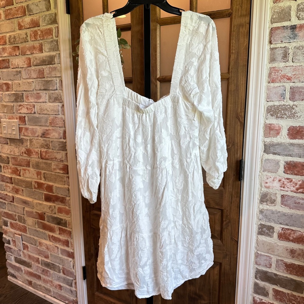En Creme Mini Dress Women L White Floral Jacquard Tiered Square Neck Long Sleeve
